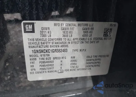 2016 Chevrolet Tahoe Ltz z USA, uszkodzony, nr VIN 1GNSKCKC1GR382483